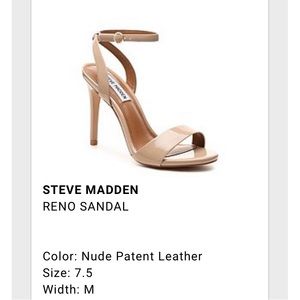 Steve Madden Reno Sanadal Heel. Size 7.5. Color: Nude Patent Leather. Heel: 4 in